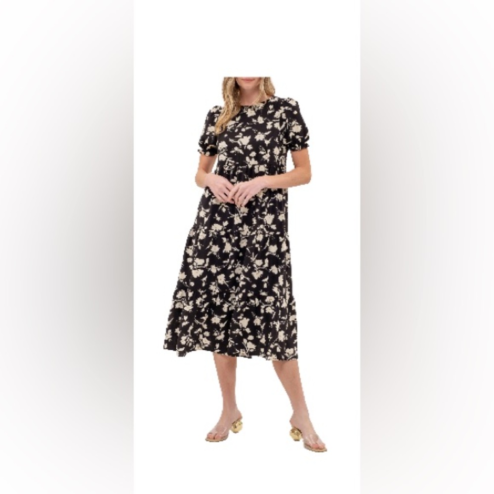 AUGUST SKY || Floral Black and Cream Midi Dress || Large